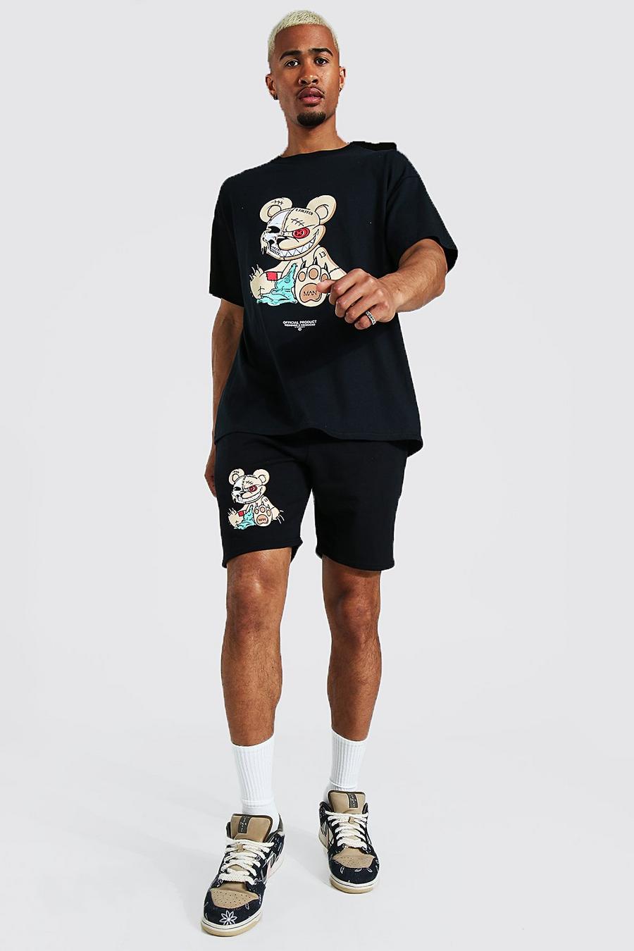 Black Oversized Teddy Graphic T-shirt And Short Set image number 1