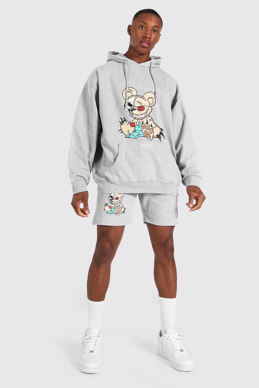 Grey marl Oversized Teddy Graphic Hoodie And Short Set image number 1