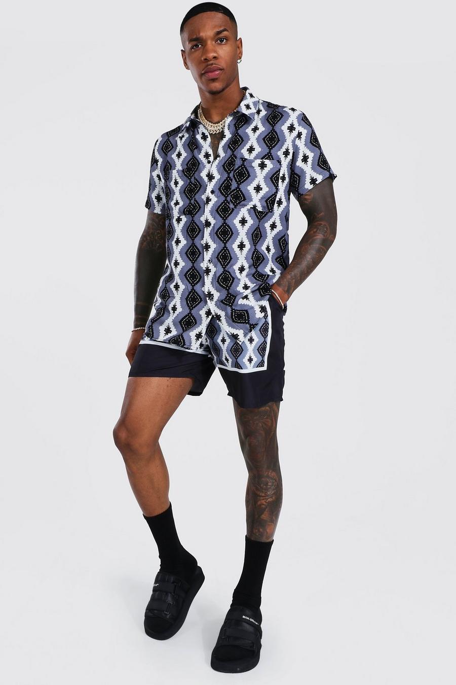 Black svart Kortärmad mönstrad skjorta och shorts i viskos image number 1