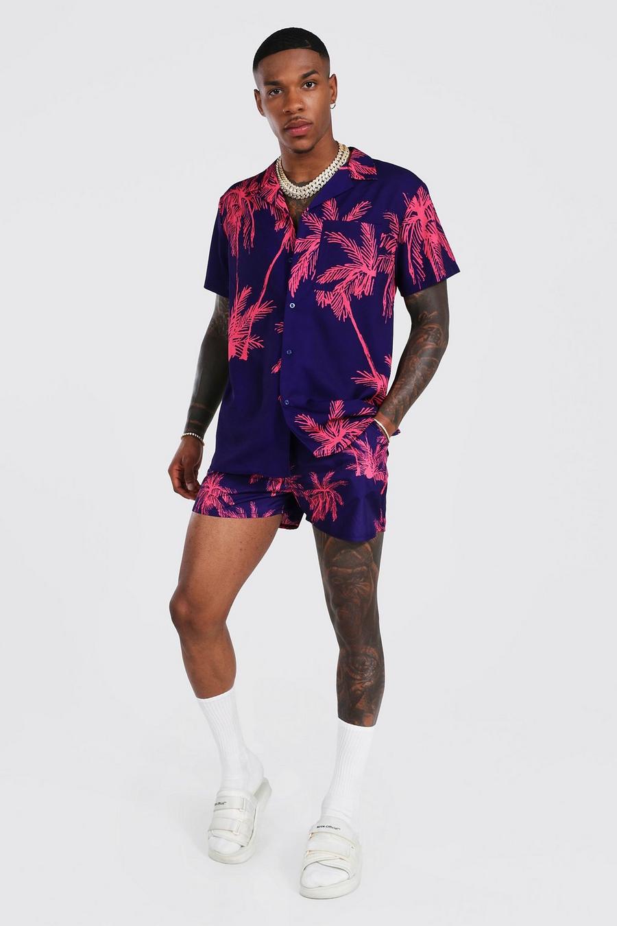 Chemise à manches courtes et short de bain motif palmier, Purple violett image number 1