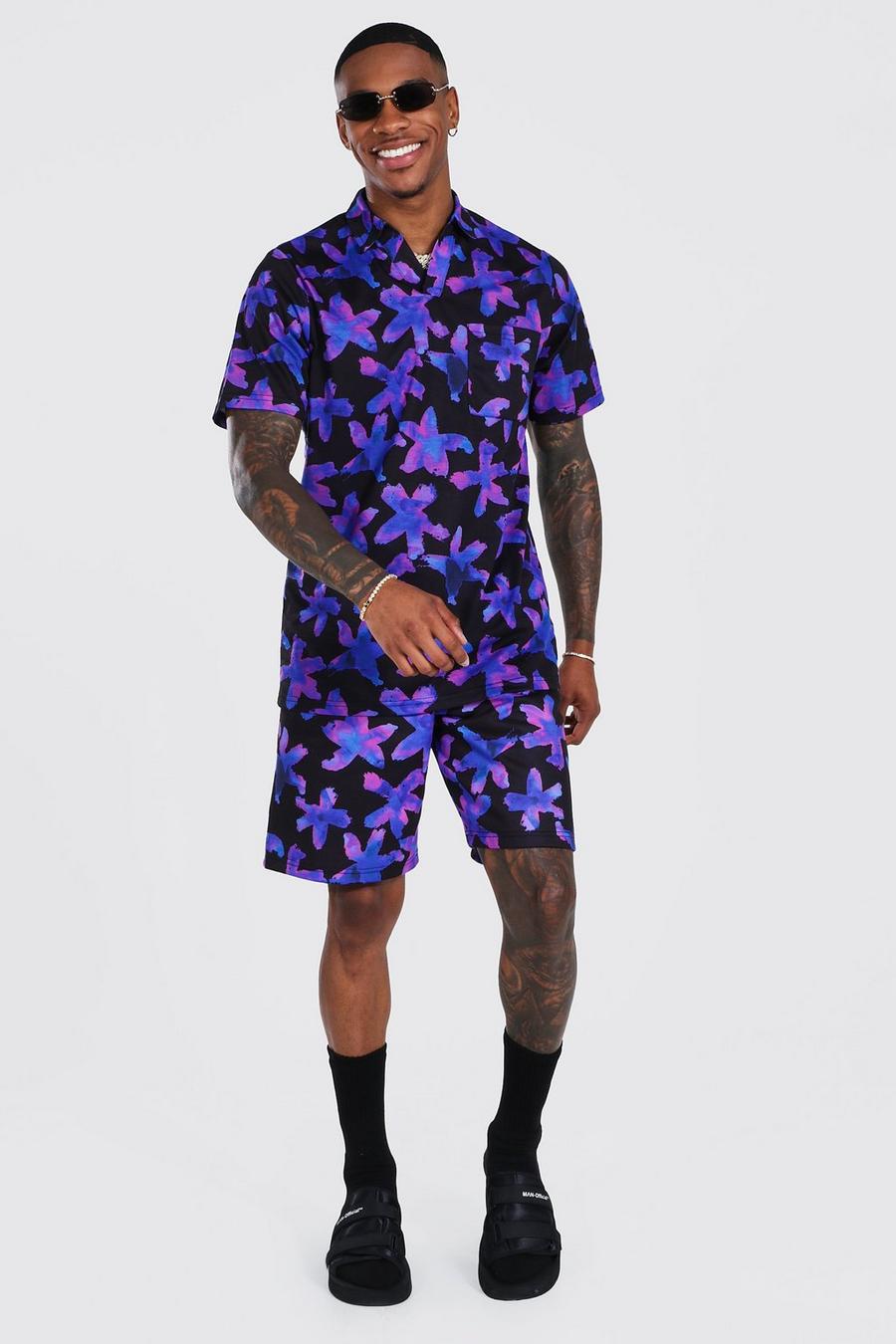 Black Jersey Floral Polo And Short Set image number 1