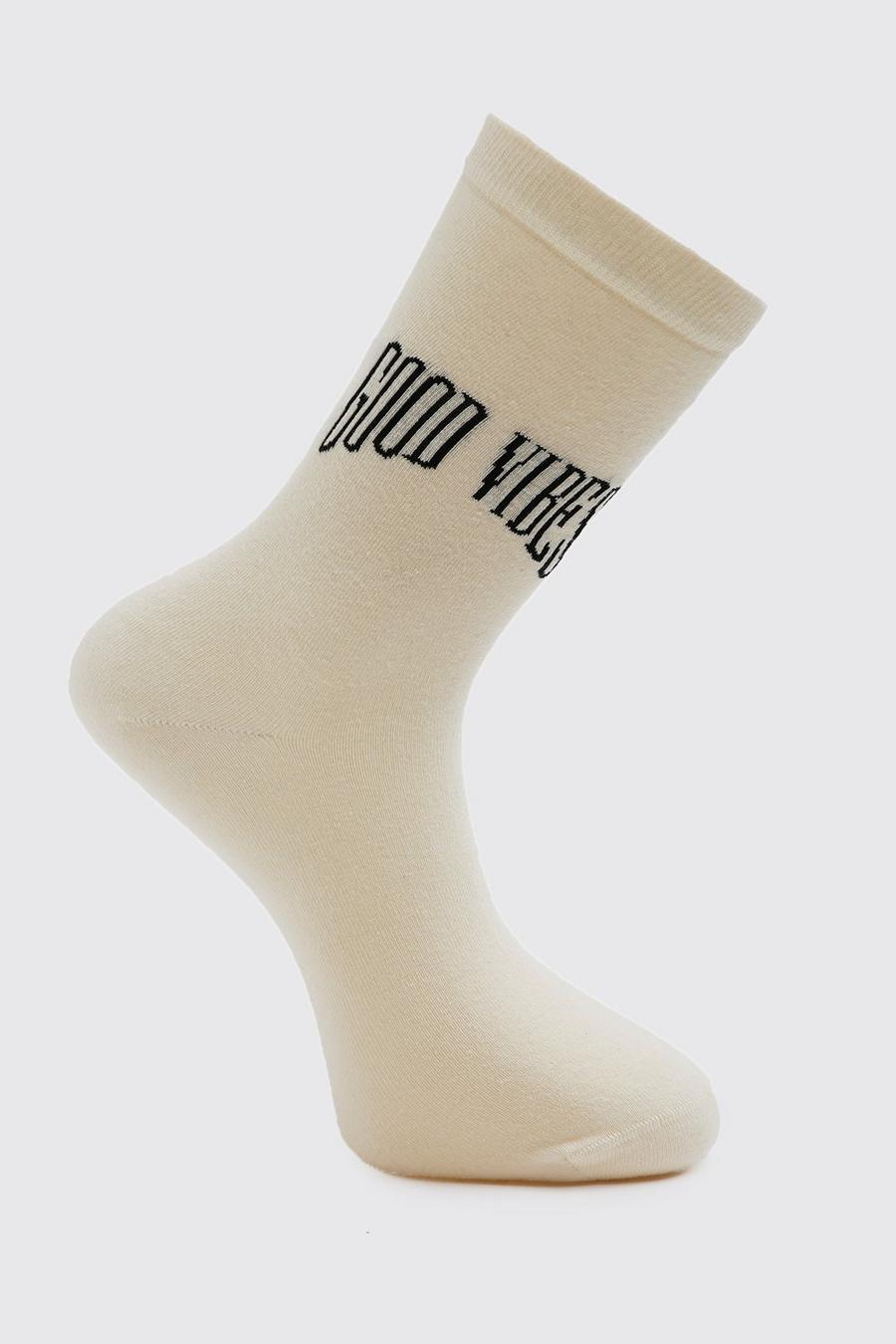 Ecru Good Vibes Slogan Socks image number 1