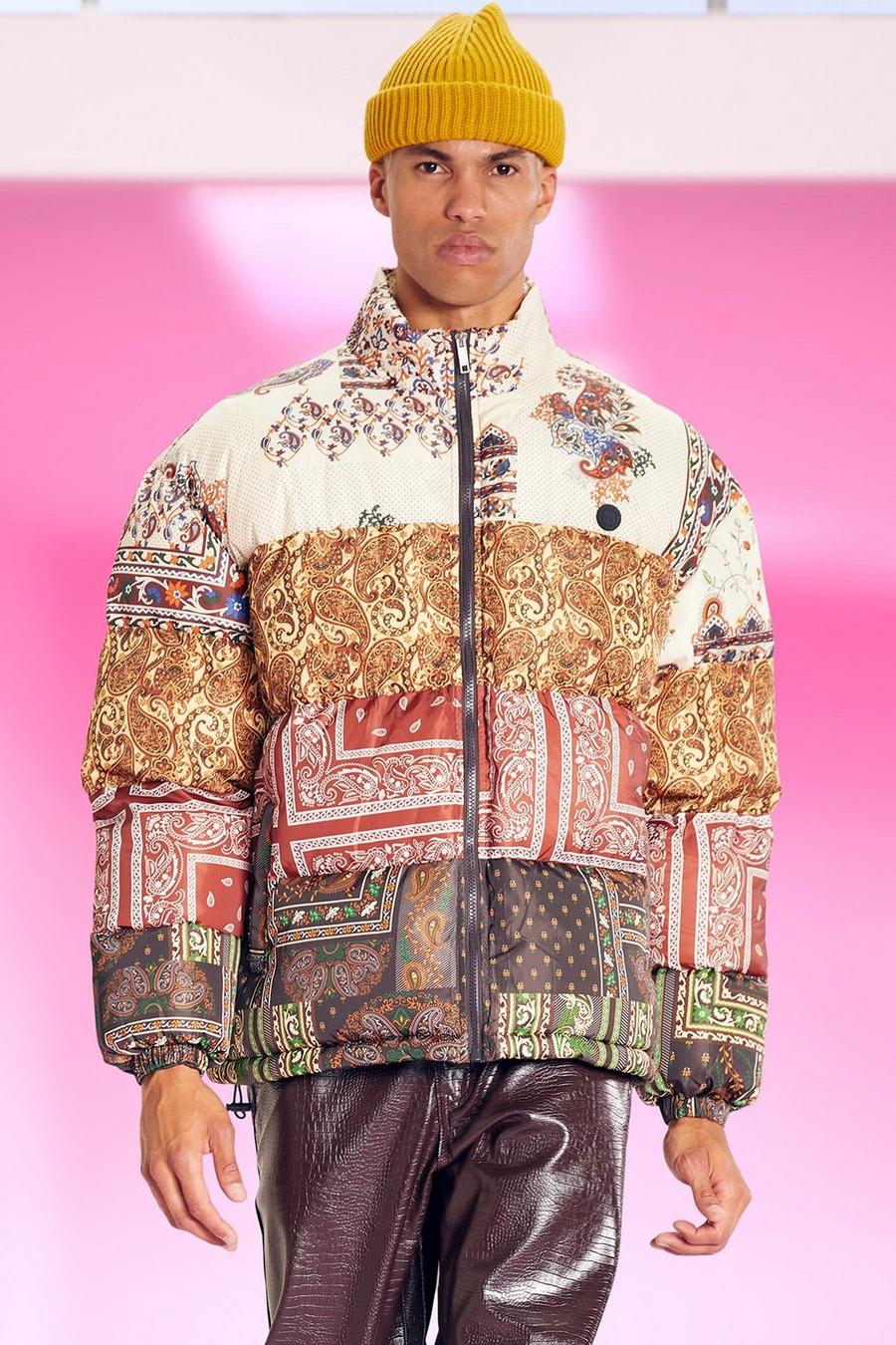 Brown Mixed Patchwork Oversized Funnel Neck Puffer image number 1