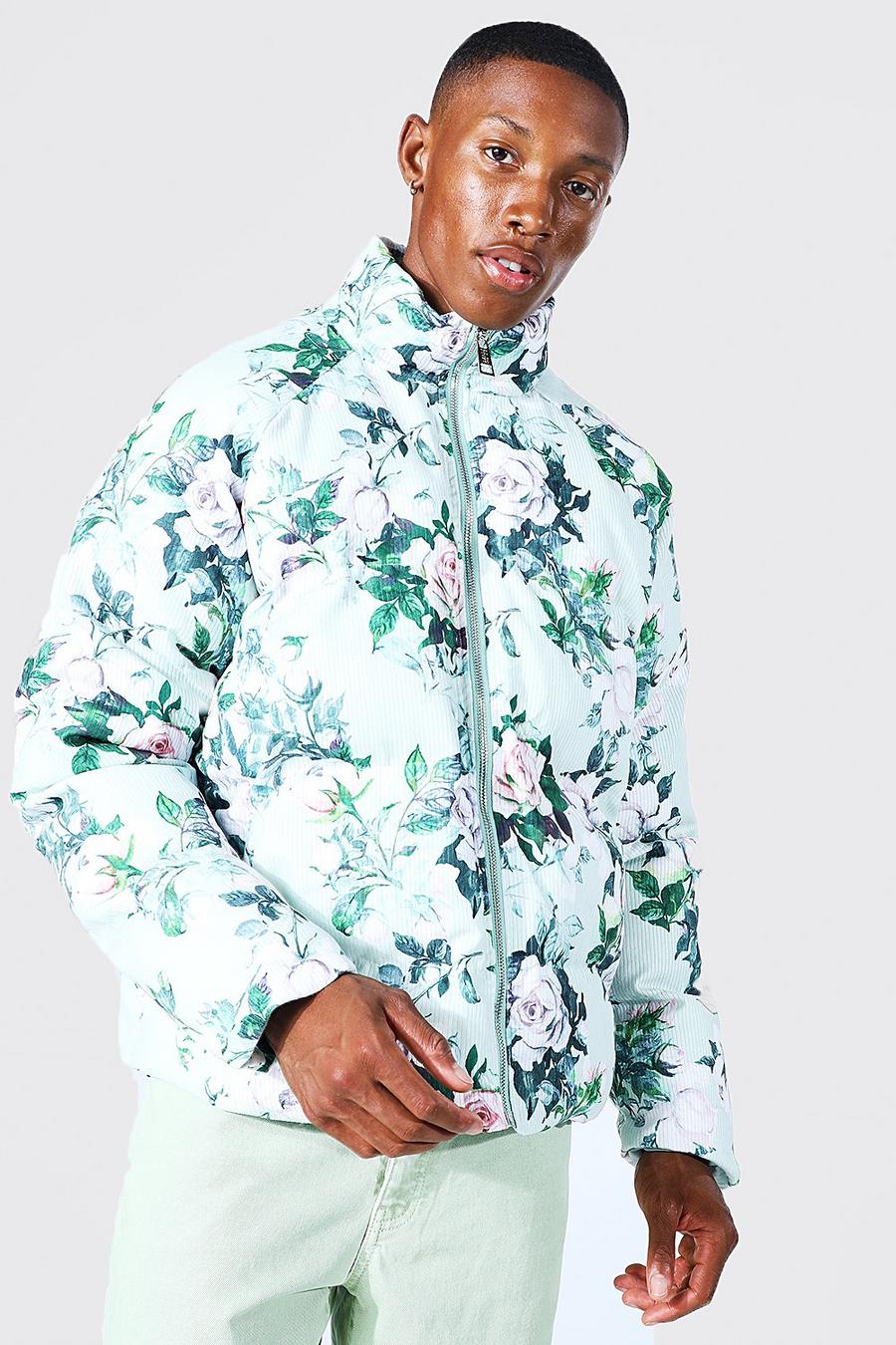 Mint Floral Printed Cord Puffer image number 1