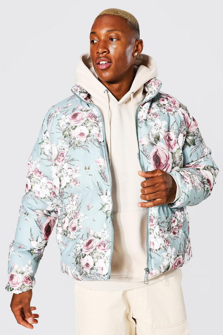 Sage green Floral Printed Cord Puffer image number 1