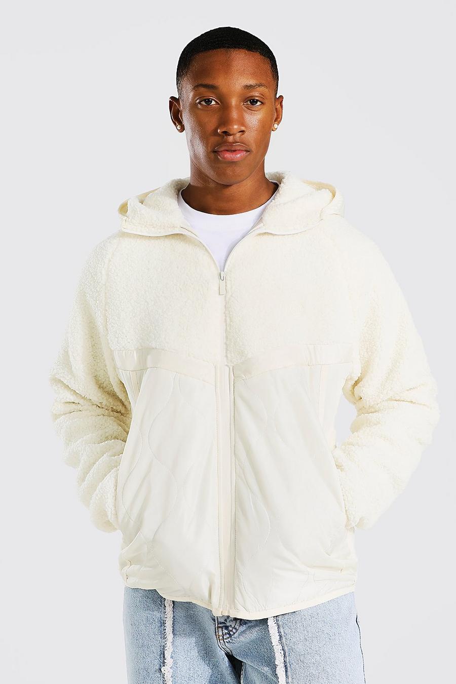Ecru white Borg Zip Through Jacket With Quilted Panels image number 1