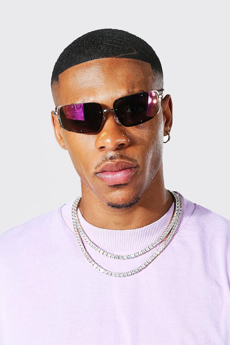 Purple Mirrored Metal Angled Sunglasses image number 1