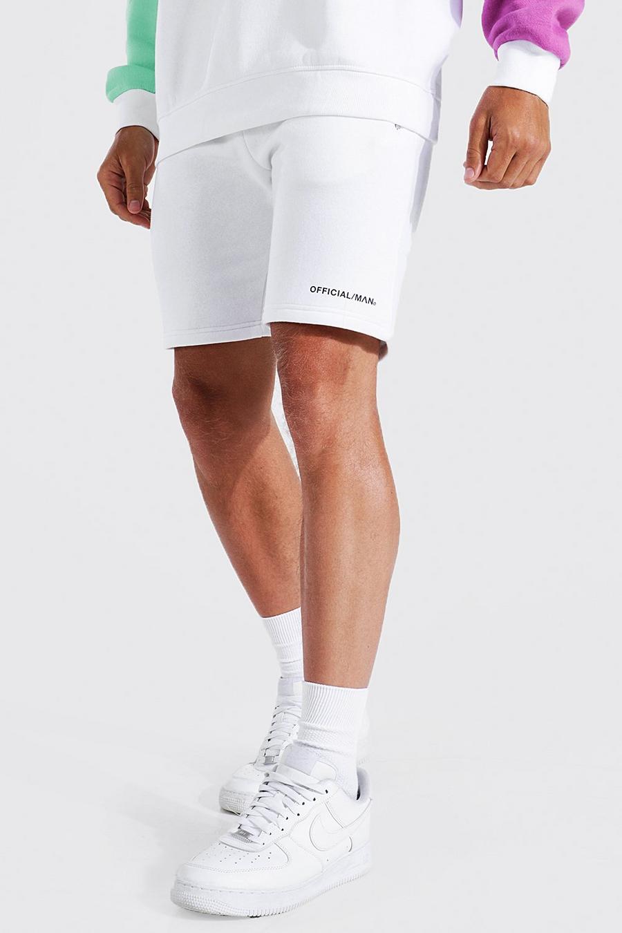 Pantaloncini slim in jersey di media lunghezza con fascia in vita e scritta Official MAN, Bianco white image number 1