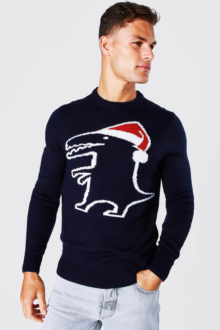 Navy Tall Dino Christmas Jumper image number 1