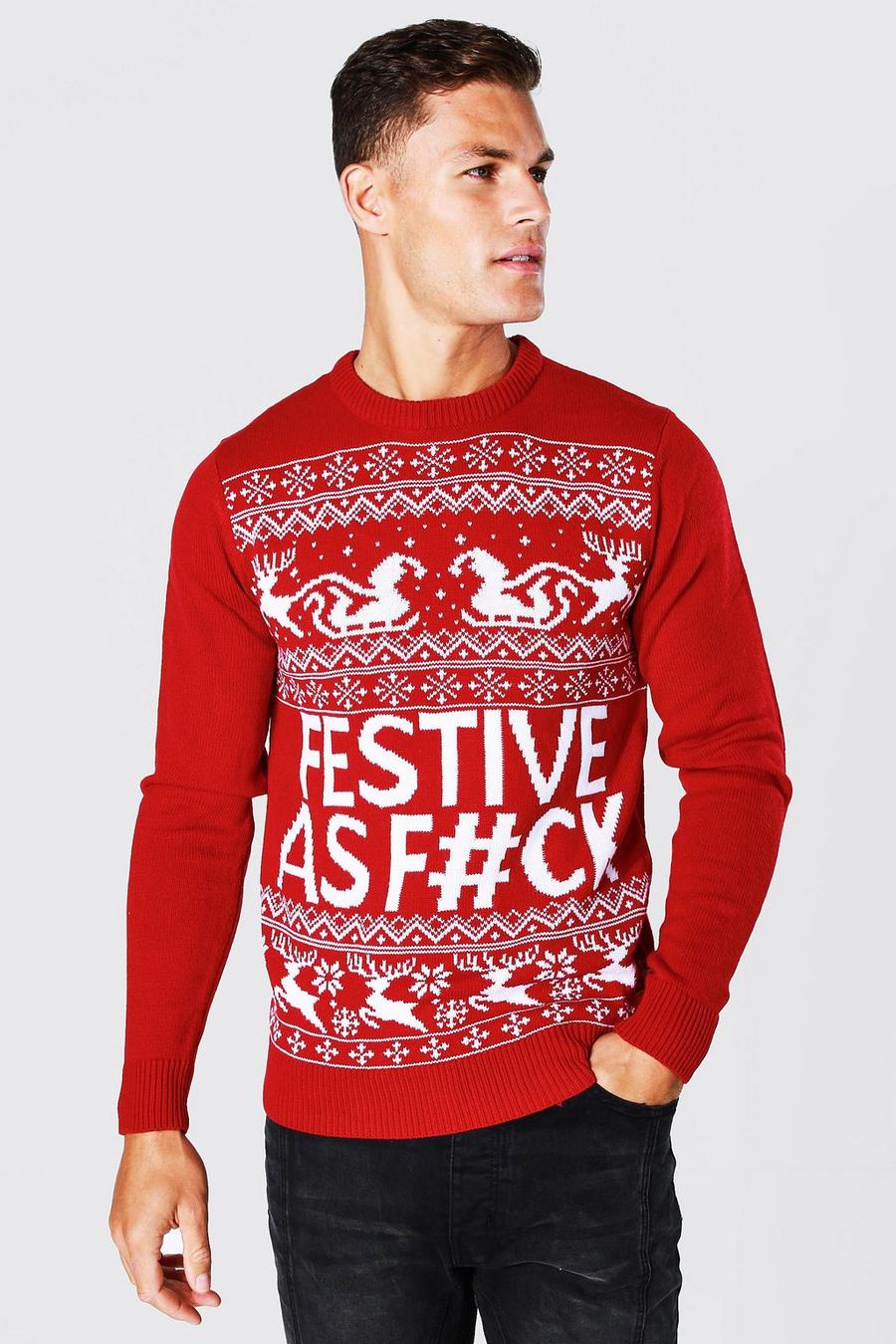 Red Tall Festive Slogan Christmas Jumper image number 1