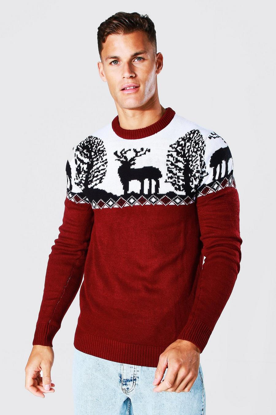 Wine red Tall Fairisle Knitted Christmas Jumper image number 1