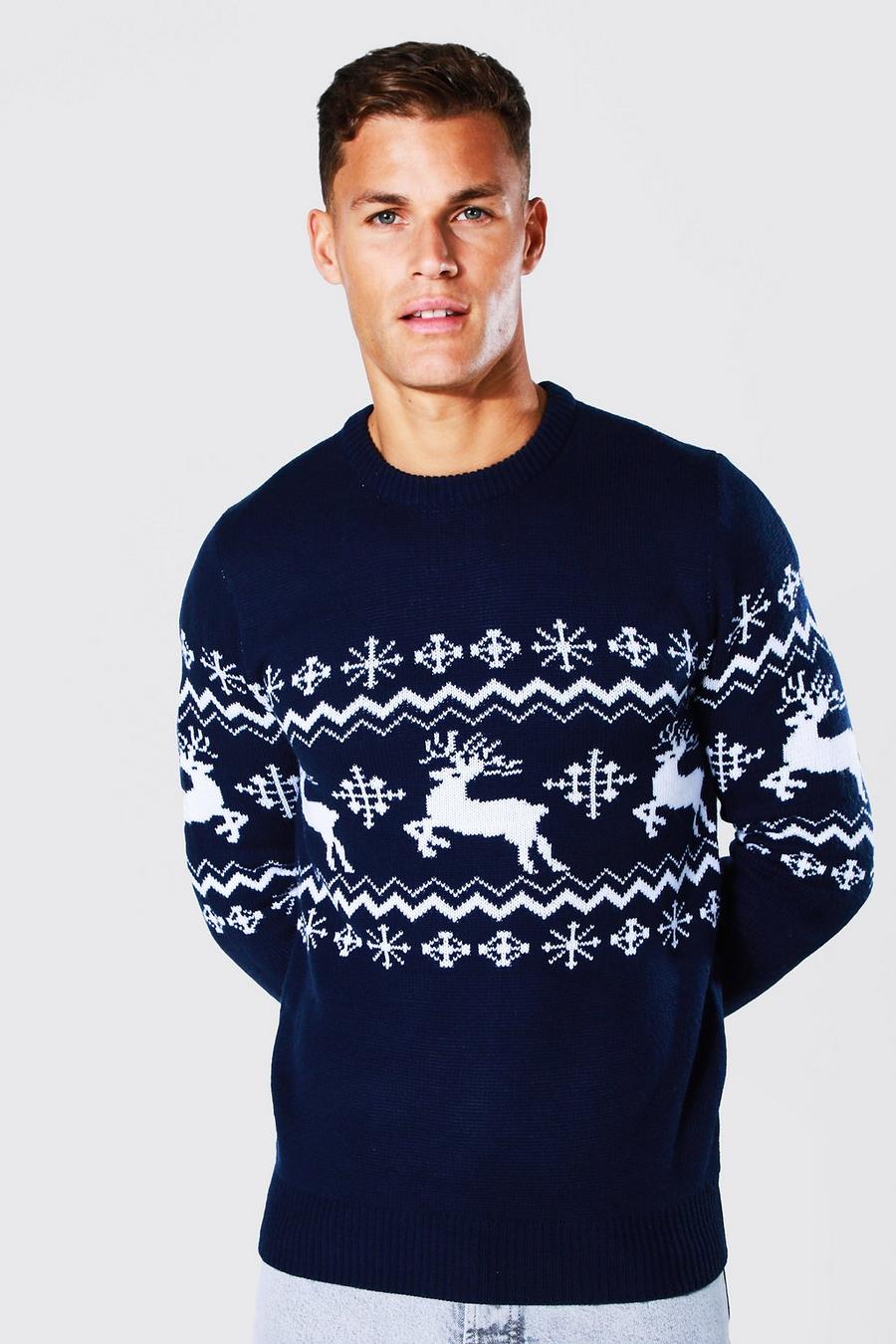 Maglione Tall natalizio con pannelli e renne, Navy blu oltremare image number 1