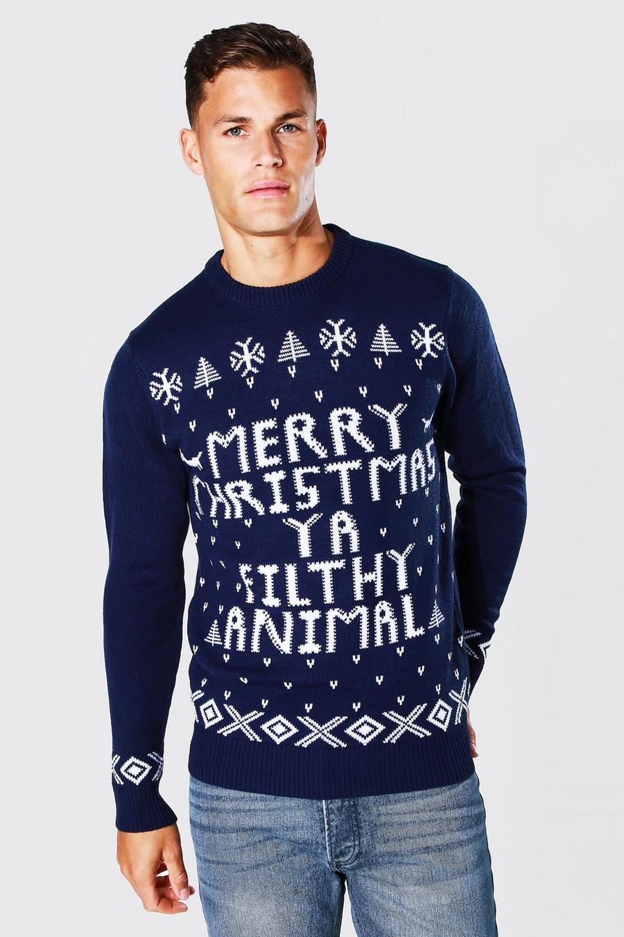 Maglione Tall natalizio con scritta Ya Filthy Animal, Navy image number 1
