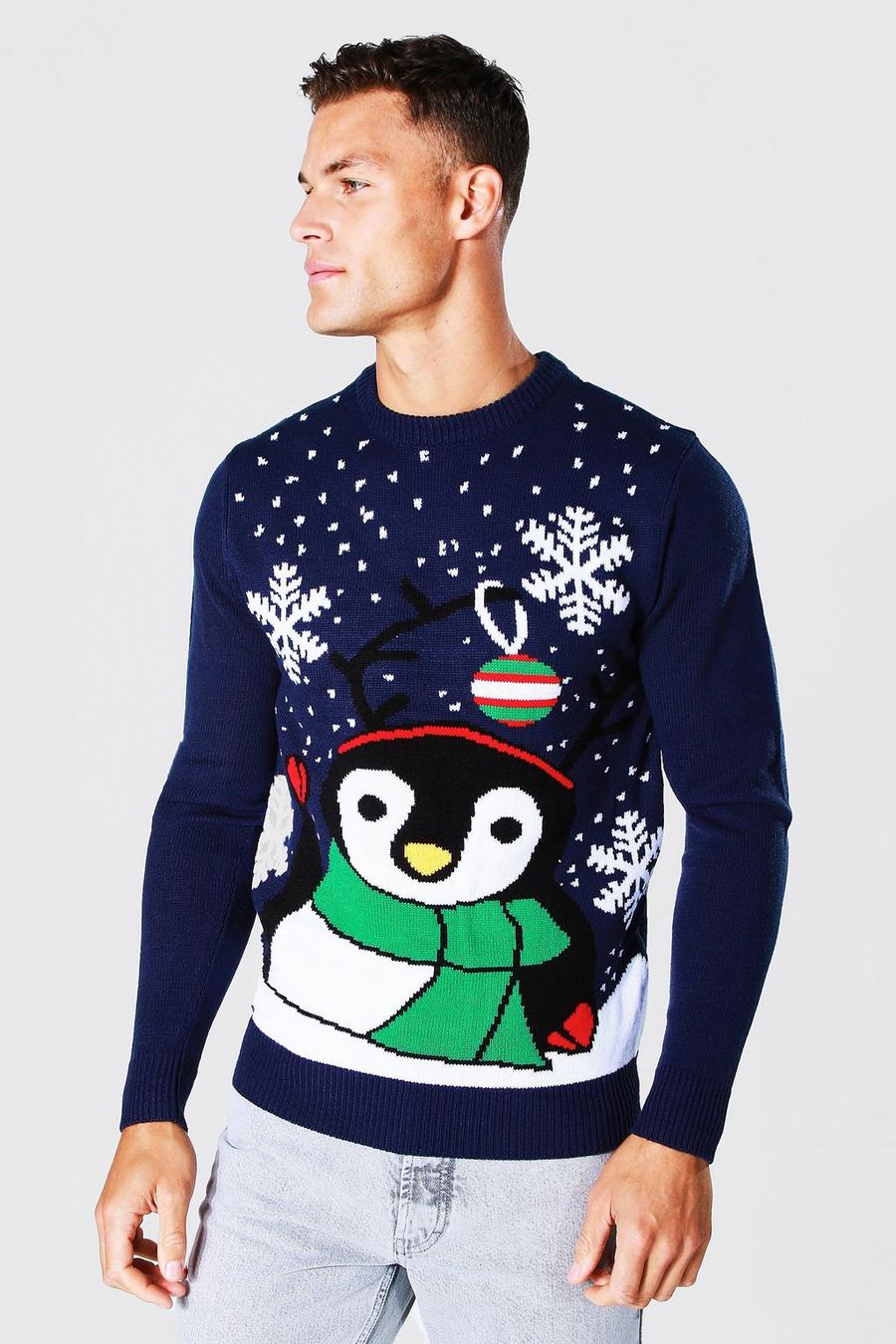 Navy Tall Novelty Penguin Christmas Jumper image number 1