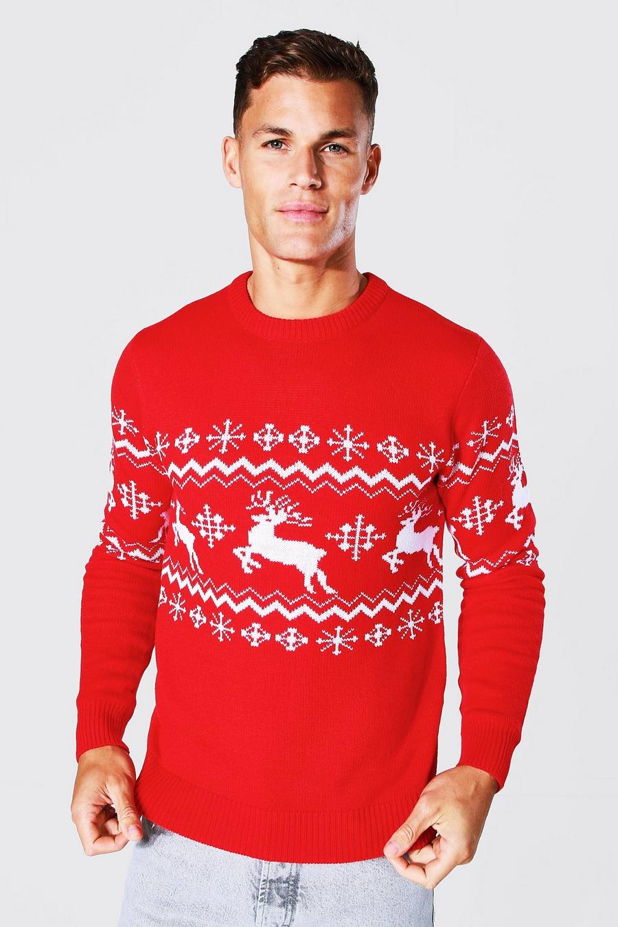 Red rouge Tall Reindeer Panel Christmas Jumper image number 1