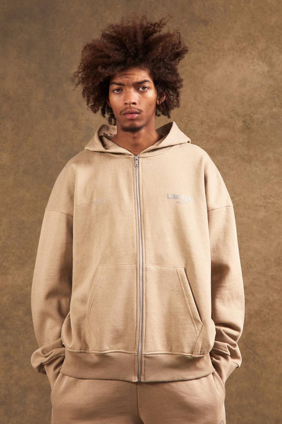 Taupe beige Limited Oversize tjock hoodie med dragkedja image number 1