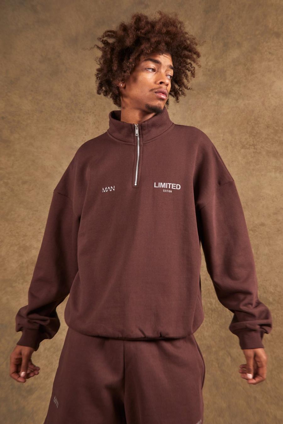 Oversize Limited Heavyweight Sweatshirt mit halbem Reißverschluss, Brown marron image number 1