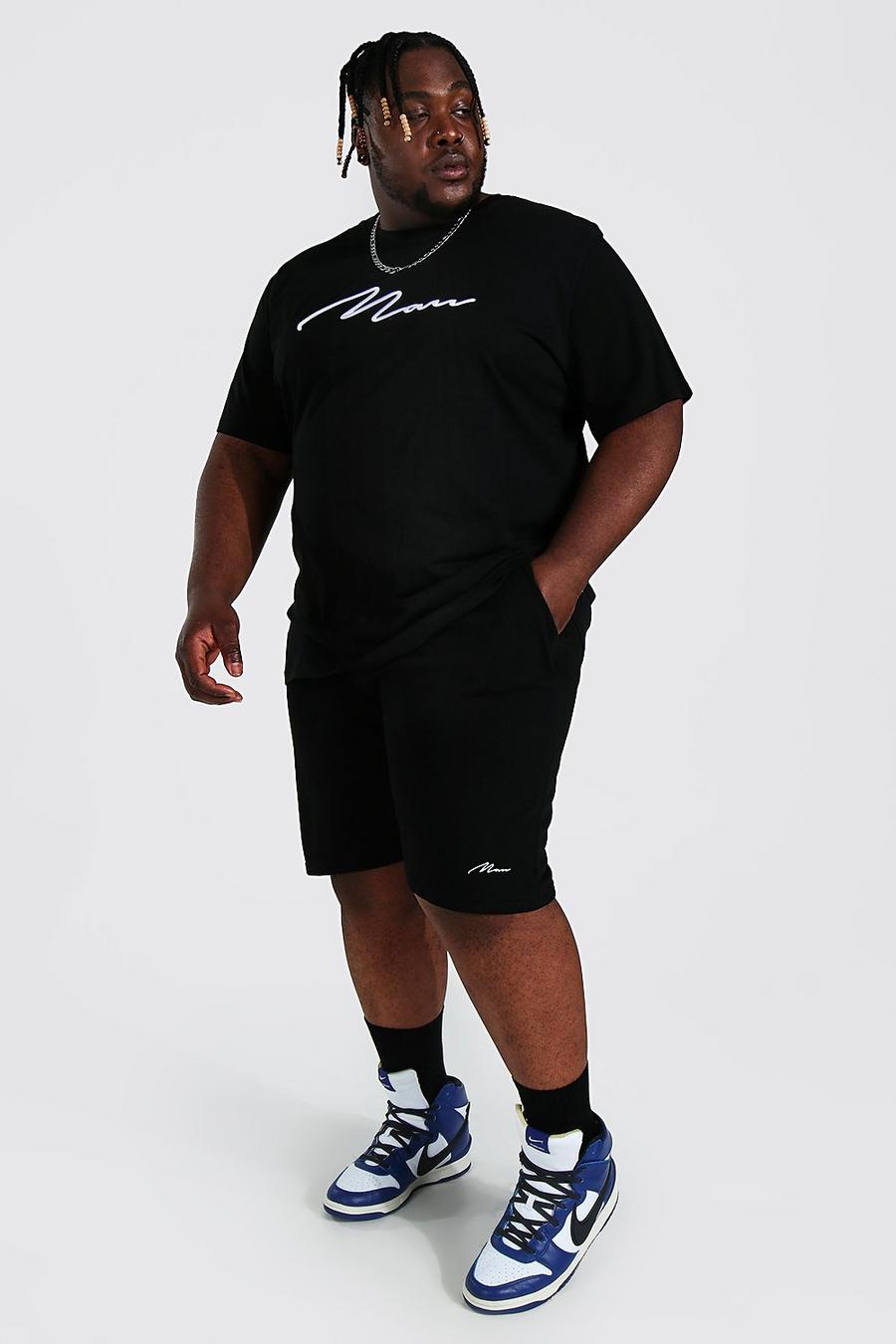 Black schwarz Plus 3D Geborduurd Man T-Shirt En Shorts Set image number 1