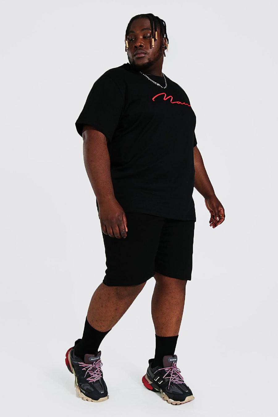Plus besticktes 3D Man T-Shirt und Shorts, Black schwarz image number 1