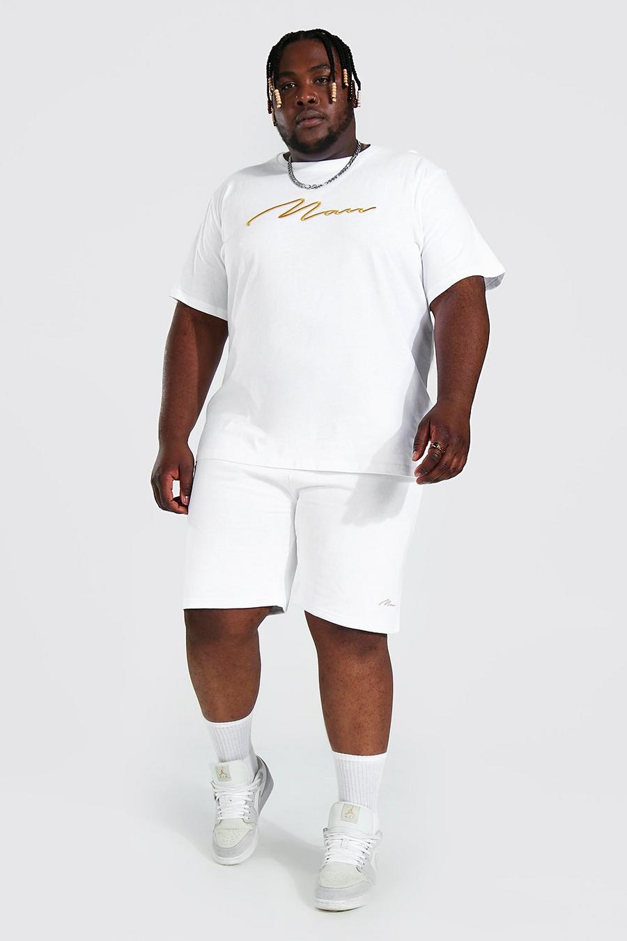 Plus besticktes 3D Man T-Shirt und Shorts, White image number 1