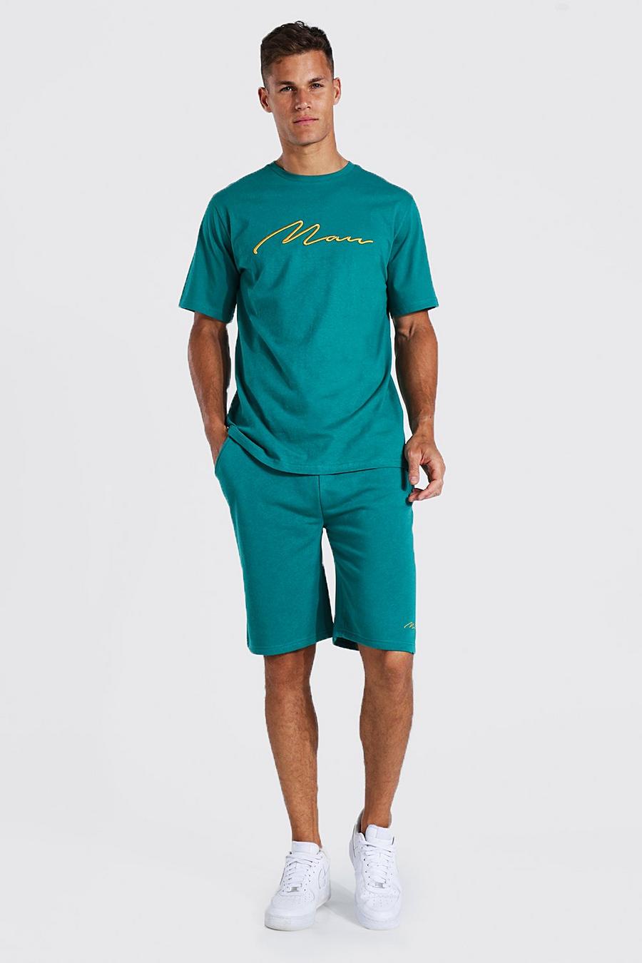 Teal green Tall 3d Man Embroidered T-shirt Short Set image number 1