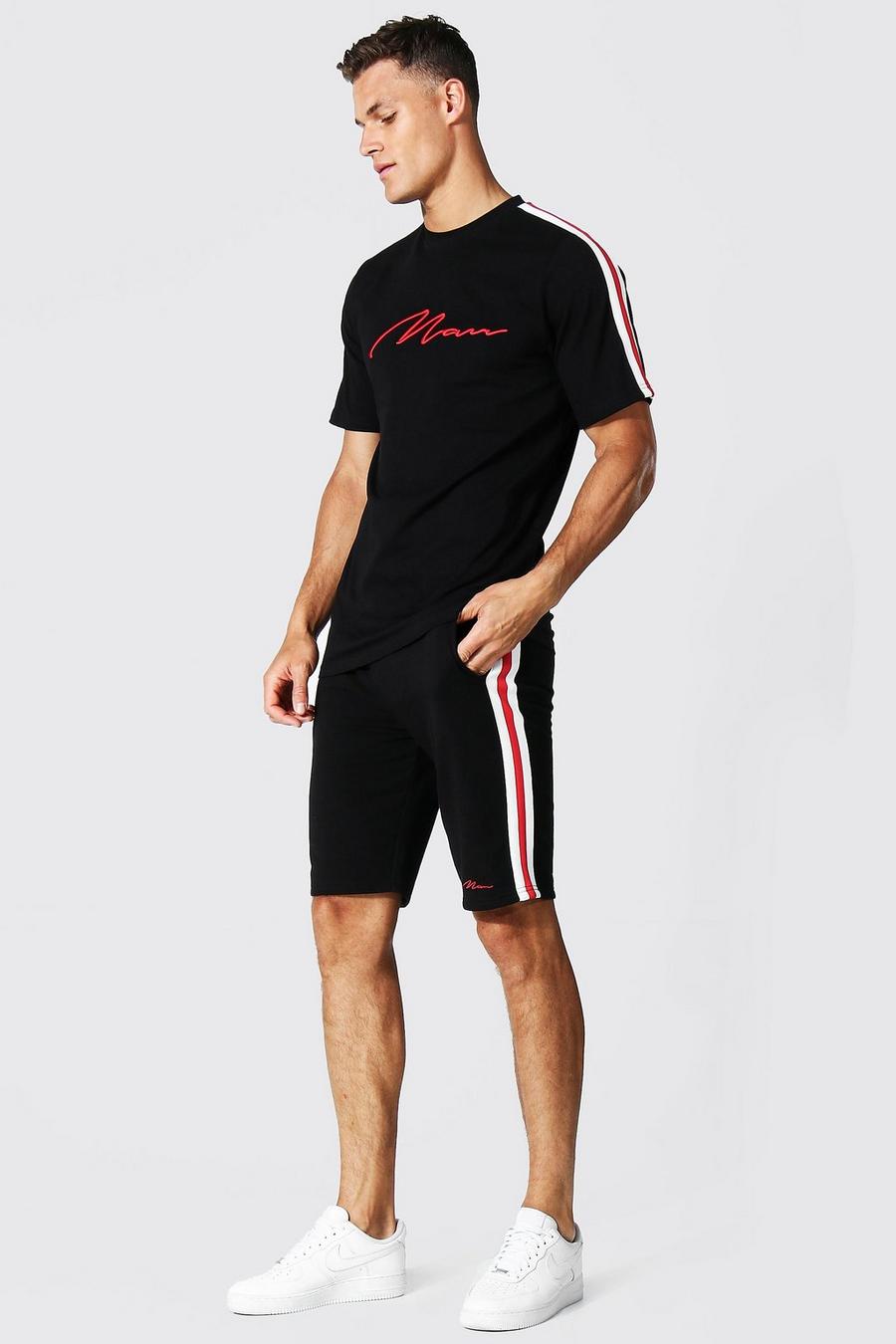 Tall 3D Man besticktes T-Shirt und Shorts mit Streifen, Black noir image number 1