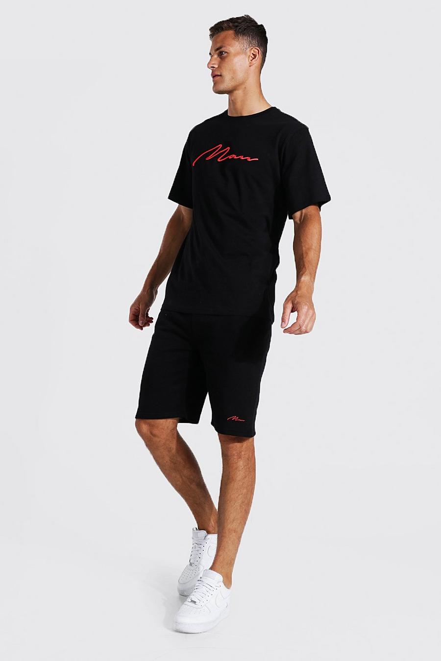 Black Tall 3D Geborduurd Man T-Shirt En Shorts Set image number 1