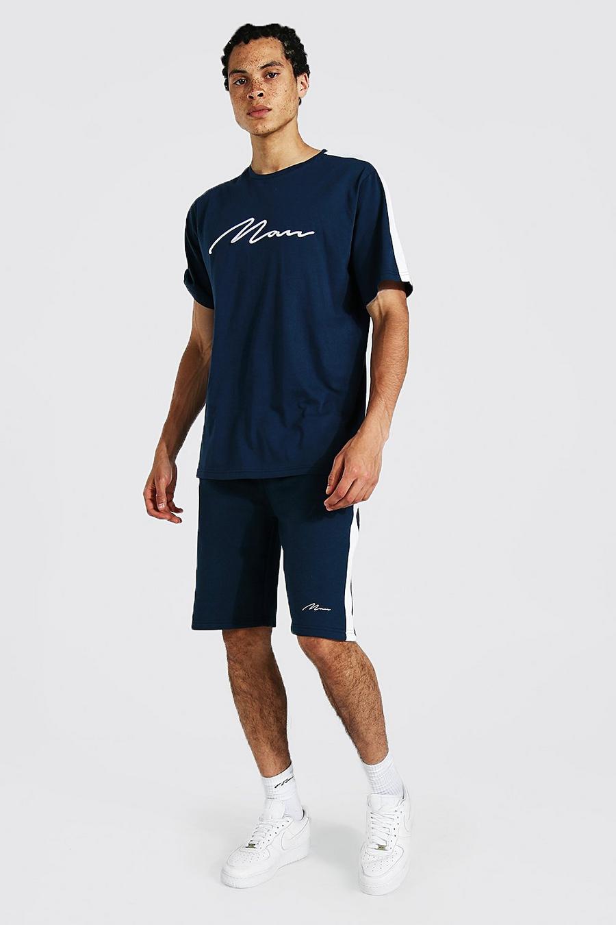 Navy marinblå Tall - MAN T-shirt och shorts med paneler och brodyr image number 1