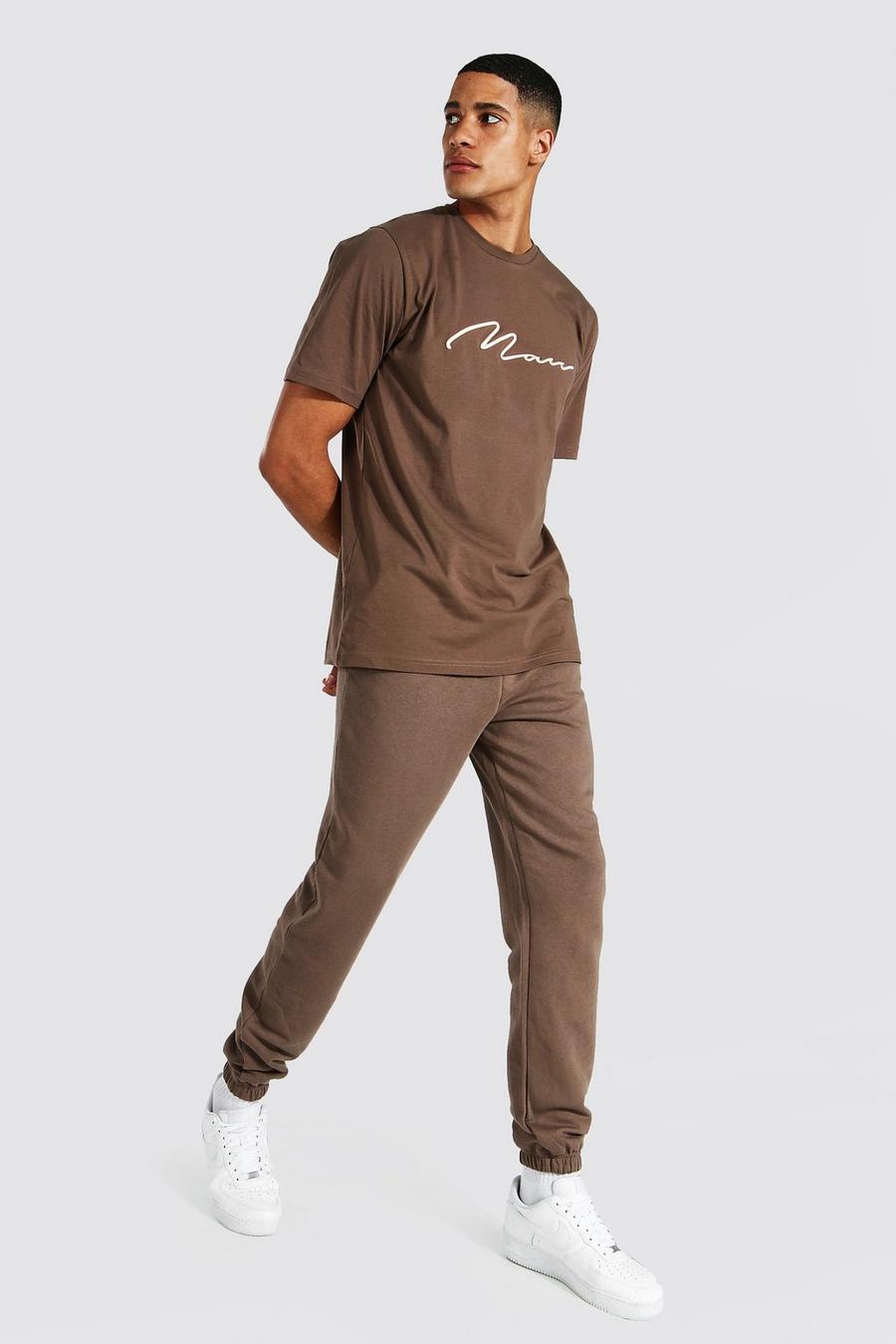 Chocolate brown Tall 3D Geborduurd Man T-Shirt En Joggingbroek Set image number 1
