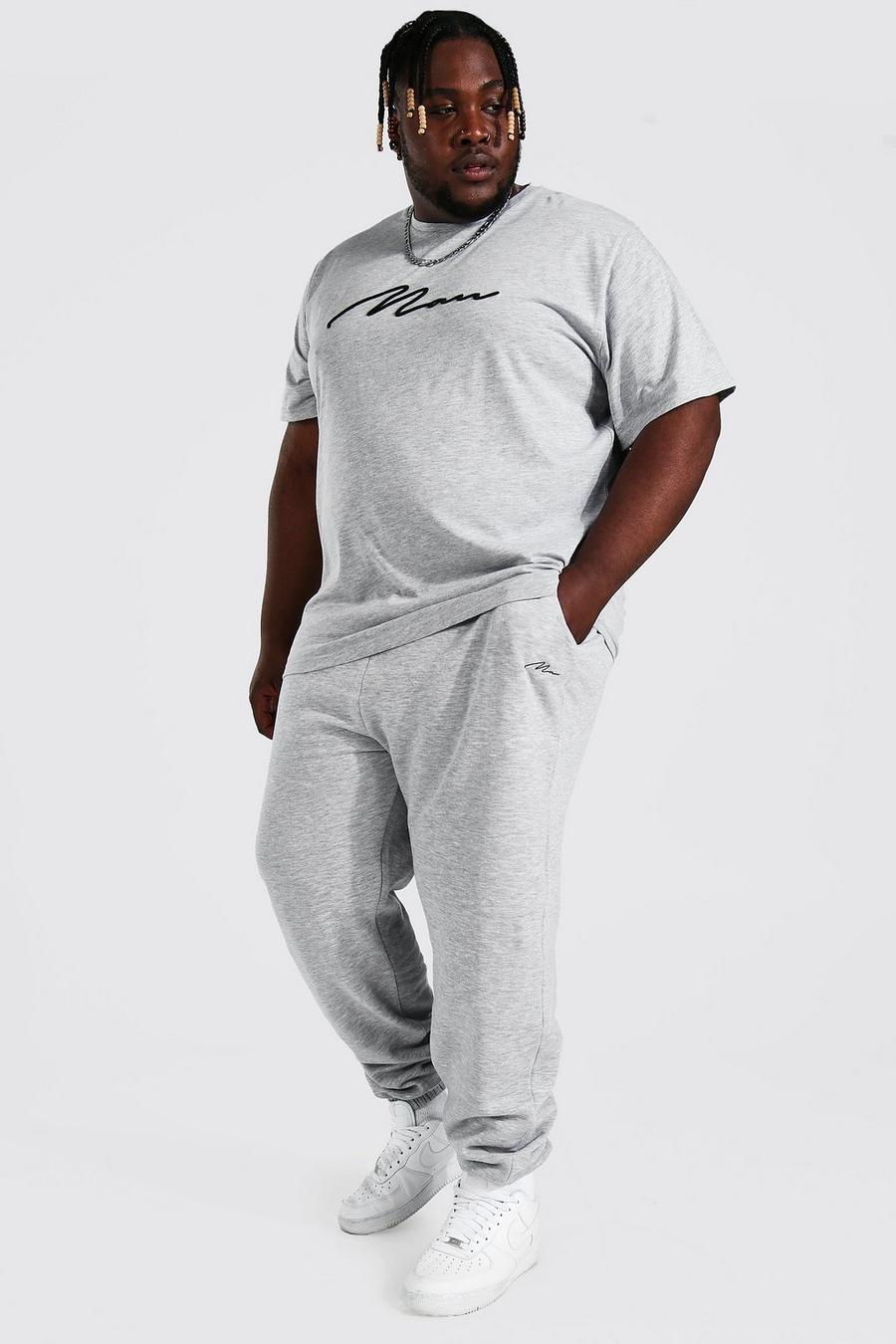 Plus besticktes 3D Man T-Shirt und Jogginghose, Grey marl gris image number 1