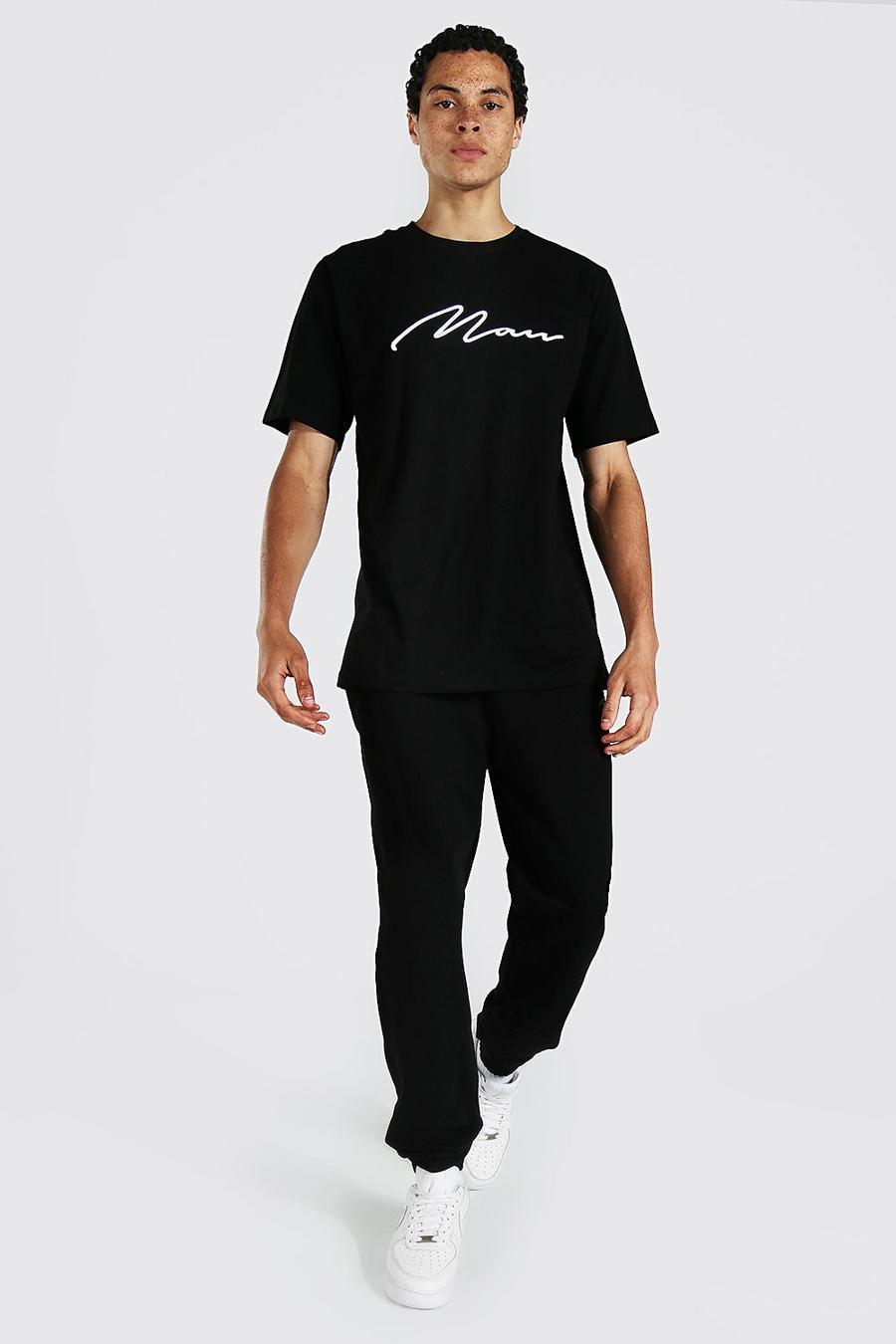 Black svart Tall 3d Man Embroidered T-shirt Jogger Set image number 1