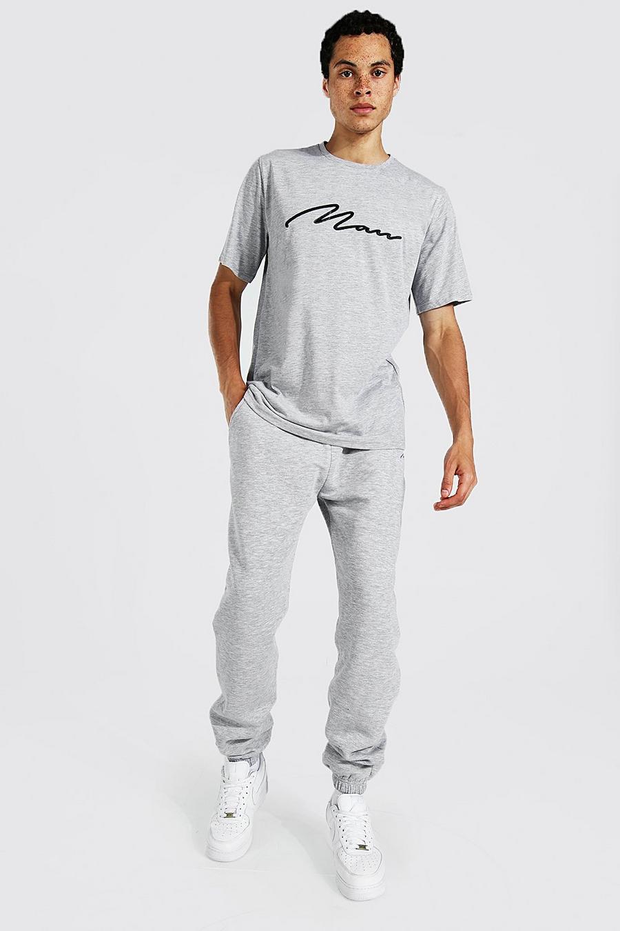Grey marl Tall 3d Man Embroidered T-shirt Jogger Set image number 1
