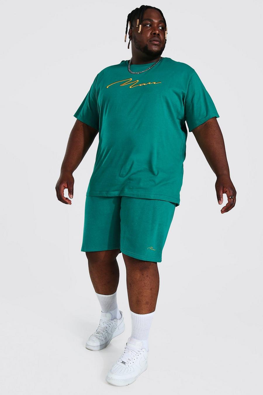 Plus besticktes 3D Man T-Shirt und Shorts, Teal vert image number 1