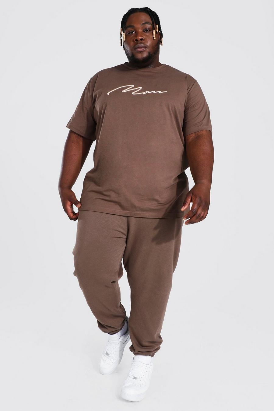 Set Plus con pantaloni tuta e t-shirt con scritta Man ricamata in 3d, Cioccolato marrón image number 1