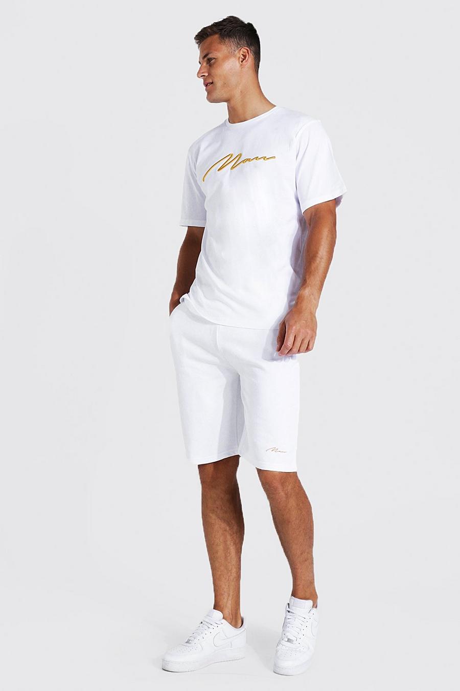 White Tall 3D Geborduurd Man T-Shirt En Shorts Set image number 1