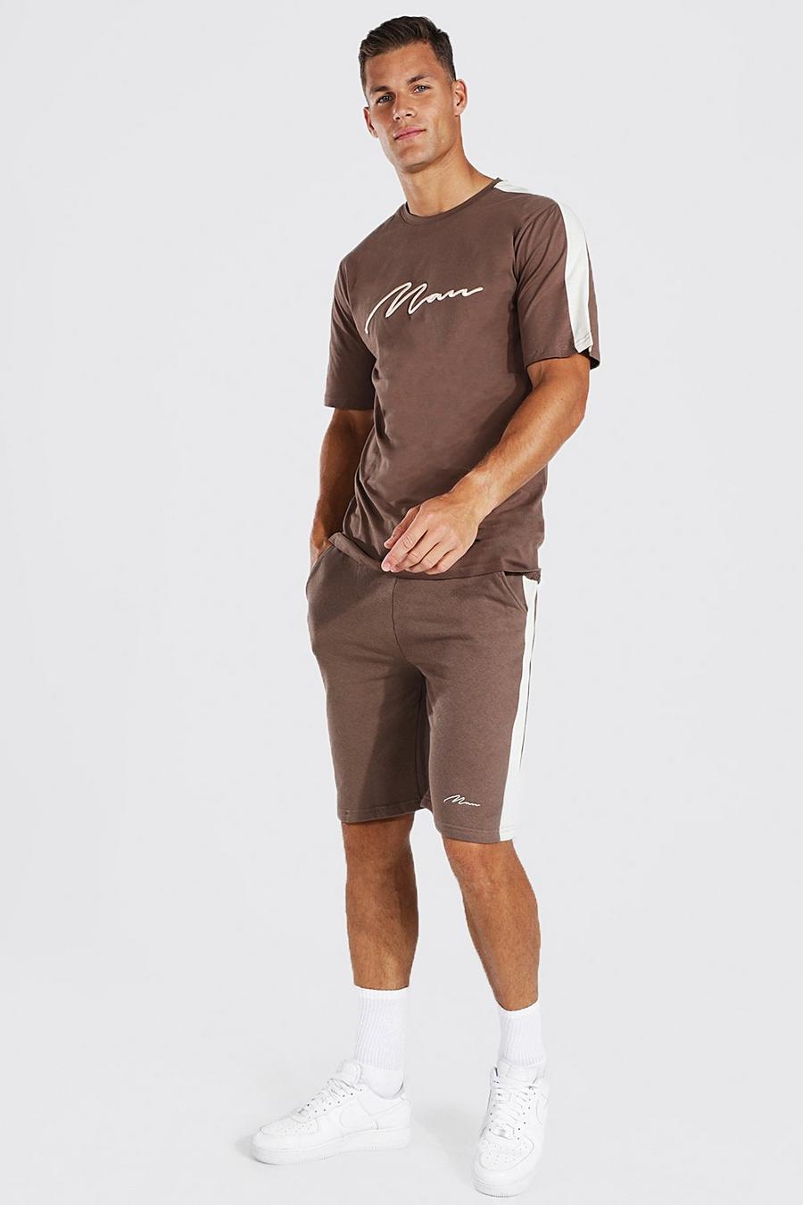Chocolate brown Tall - MAN T-shirt och shorts med paneler och brodyr image number 1