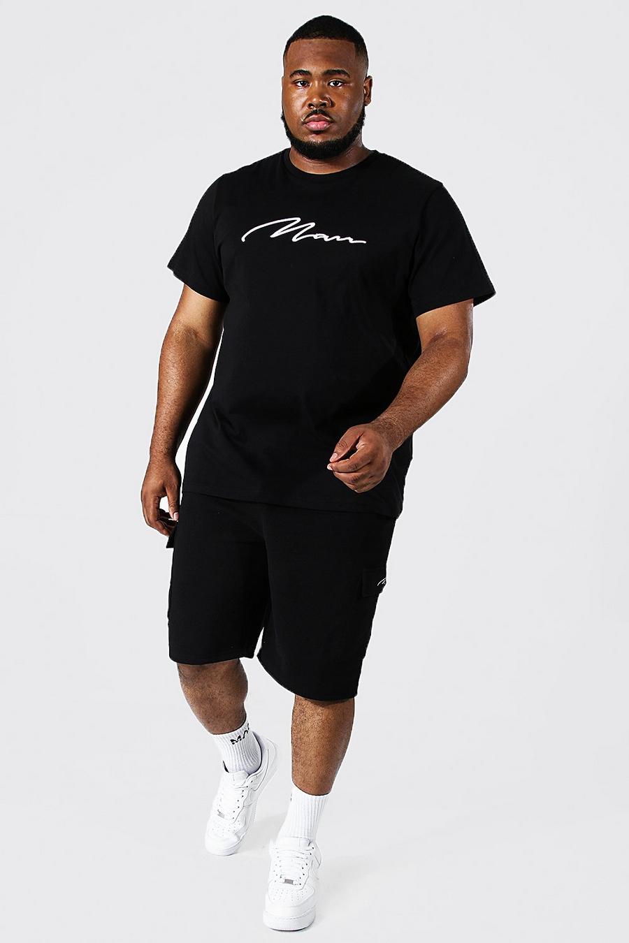 Set pantaloncini Cargo Plus Size con logo Man ricamato in rilievo, Black nero image number 1