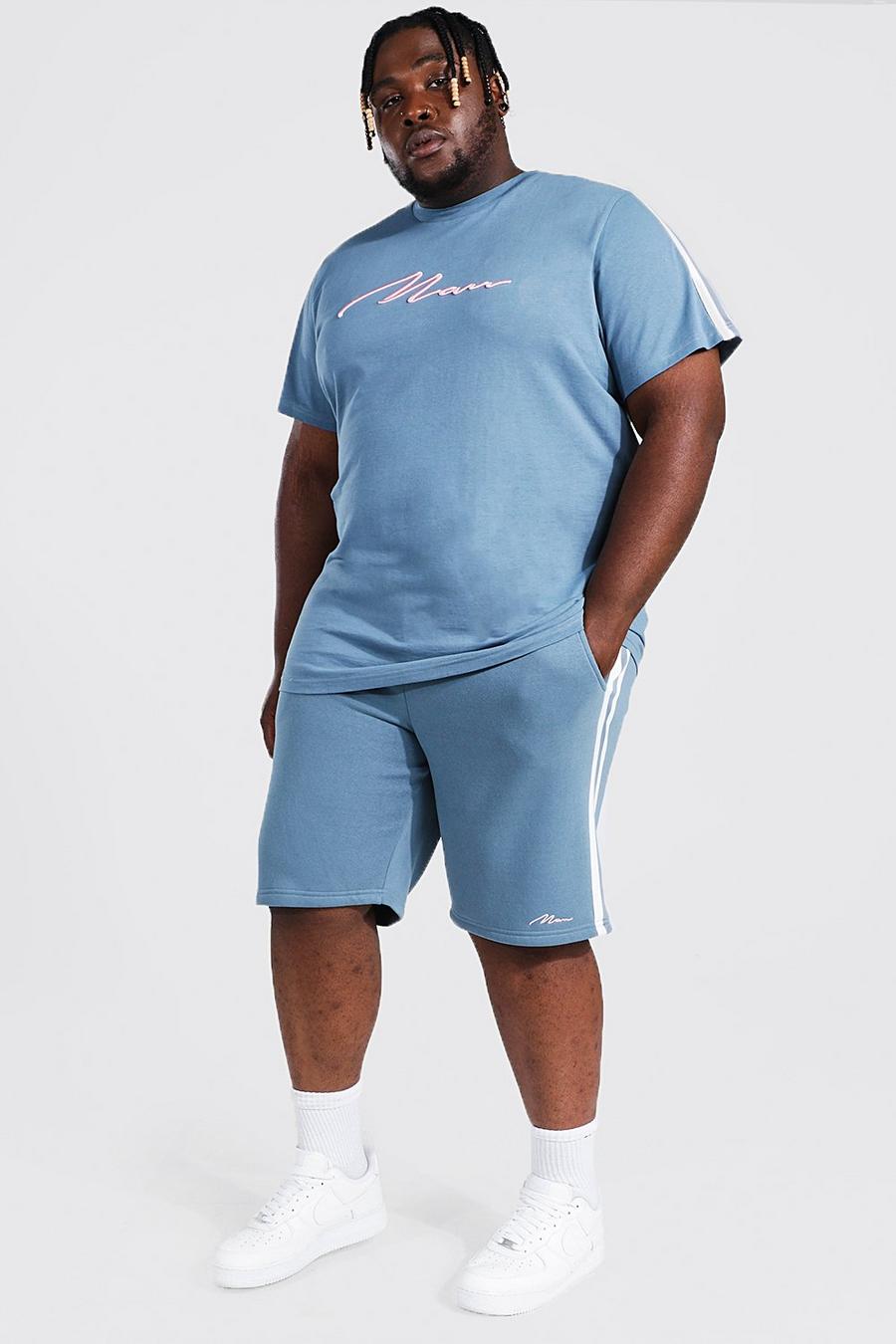 Plus besticktes 3D Man T-Shirt und Shorts mit Streifen, Blue blau image number 1