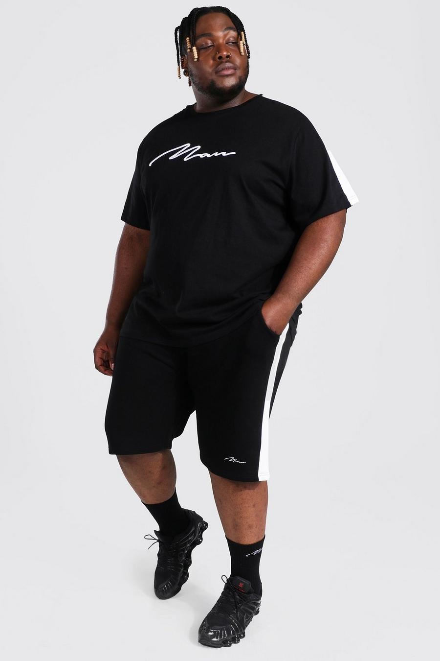 Plus besticktes 3D Man T-Shirt und Shorts mit Streifen, Black noir image number 1
