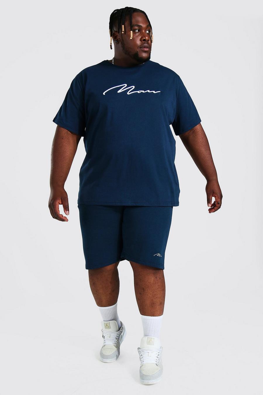 Navy marinblå Plus - MAN T-shirt och shorts med brodyr och paneler image number 1