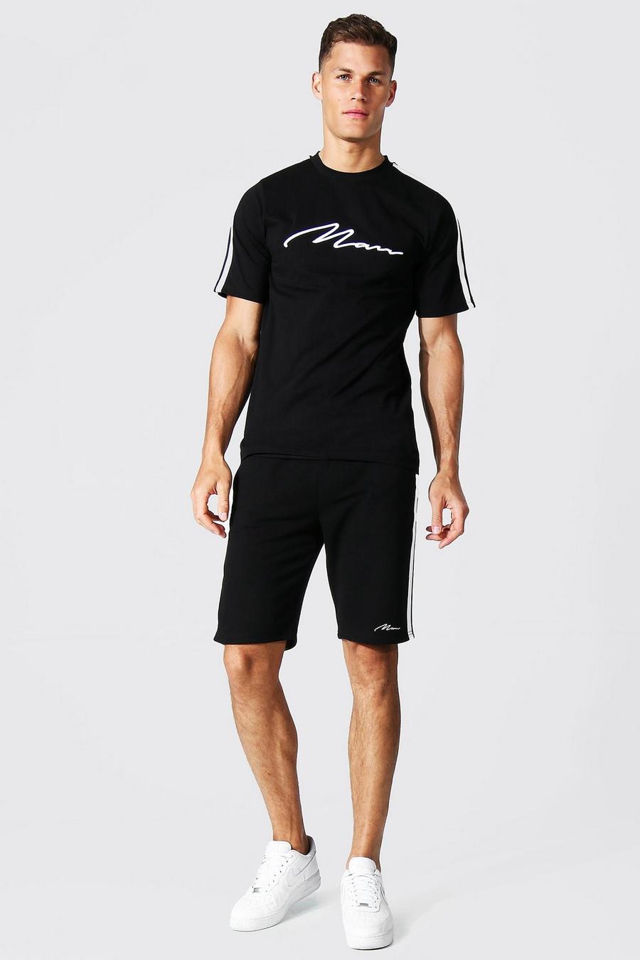 Tall 3D Man besticktes T-Shirt und Shorts mit Streifen, Black schwarz image number 1