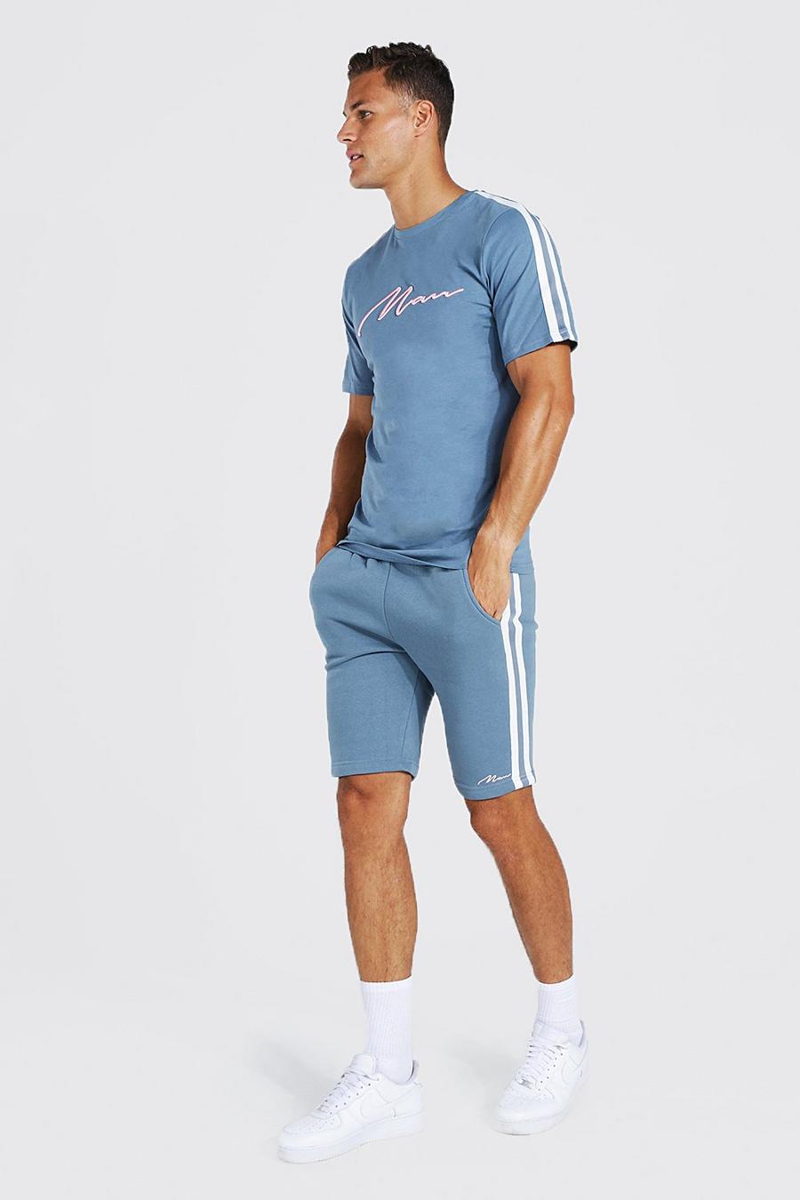 Blue blå Tall - MAN T-shirt och shorts med kantband och brodyr image number 1