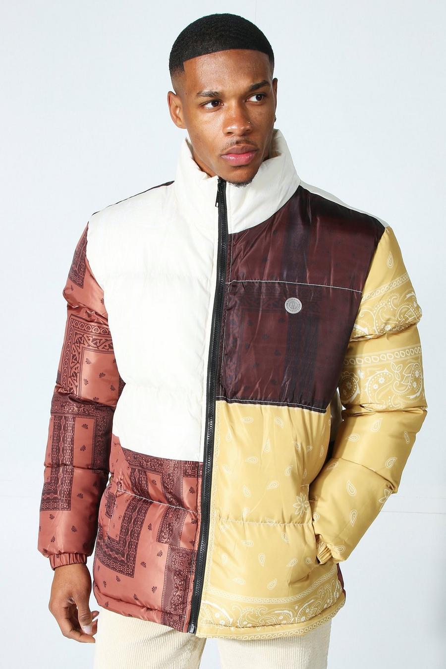 Brown Patchwork Bandana Funnel Neck Puffer image number 1