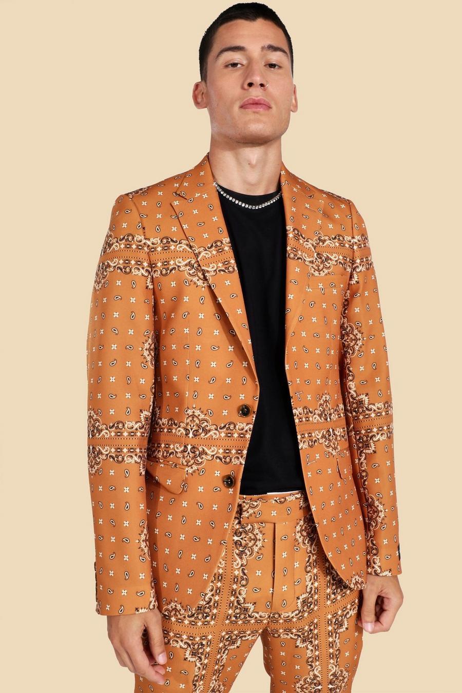 Tan marron Single Breasted Bandana Suit Jacket image number 1