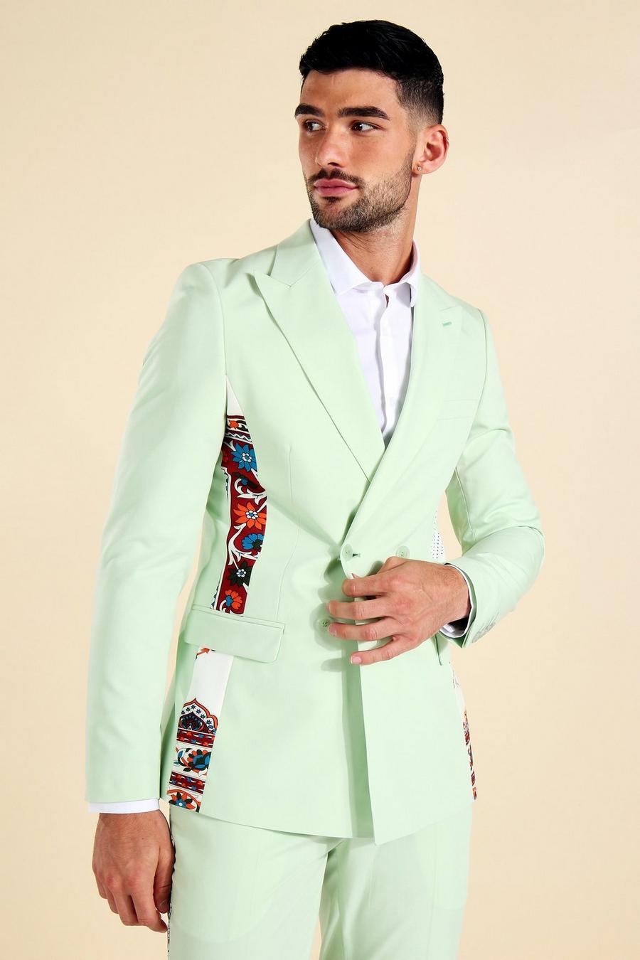 Sage green Double Breasted Tape Print Suit Jacket image number 1