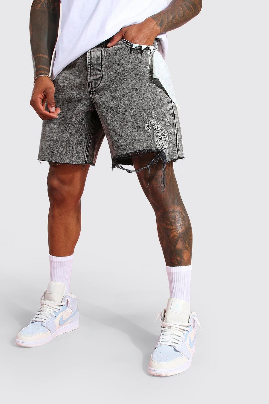 Ice grey Relaxed Fit Denim Short With Paisley image number 1
