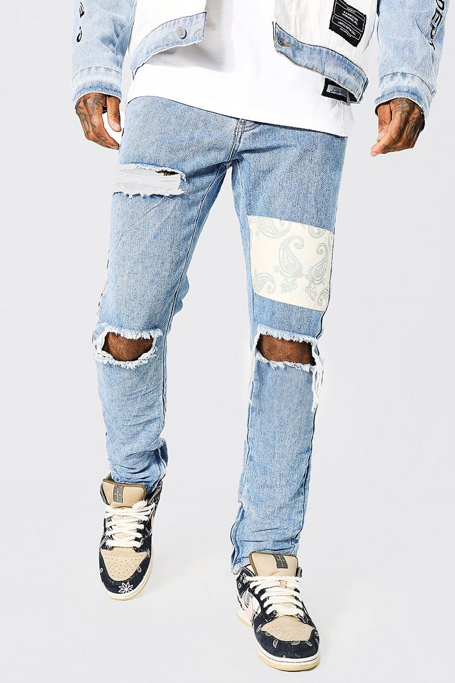 Skinny Rip & Repair Jeans mit Bandana-Print, Ice blue image number 1