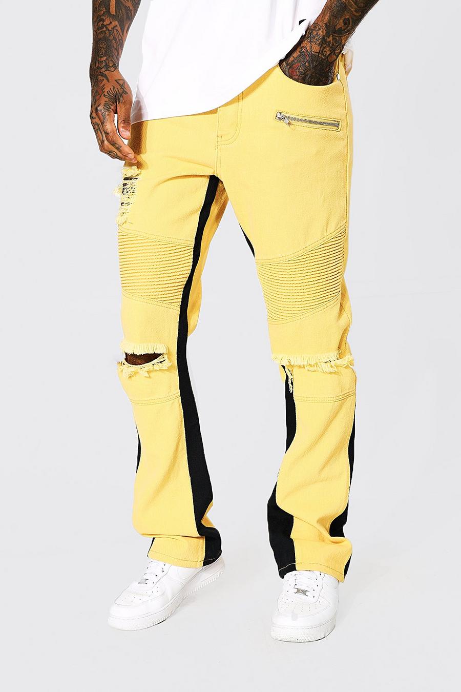 צהוב ג'ינס אופנוענים בגזרה צרה עם פאנל image number 1