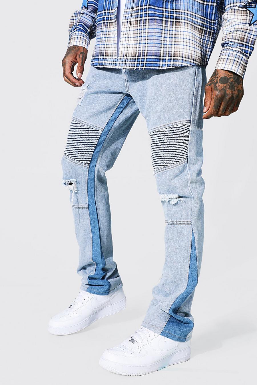 Ice blue Slim Fit Rigid Panel Insert Biker Jeans image number 1
