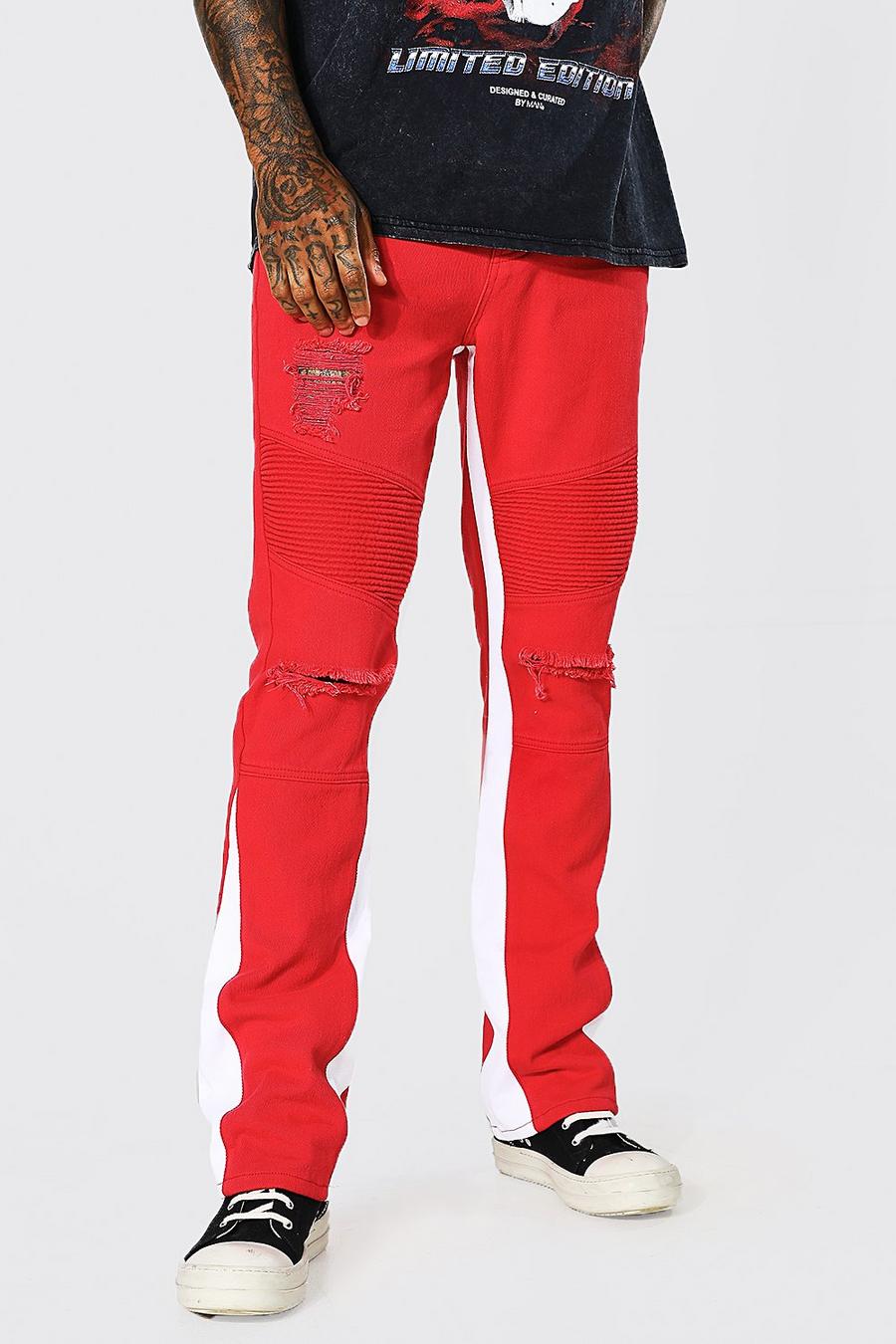 Red Slim Fit Rigid Panel Insert Biker Jeans